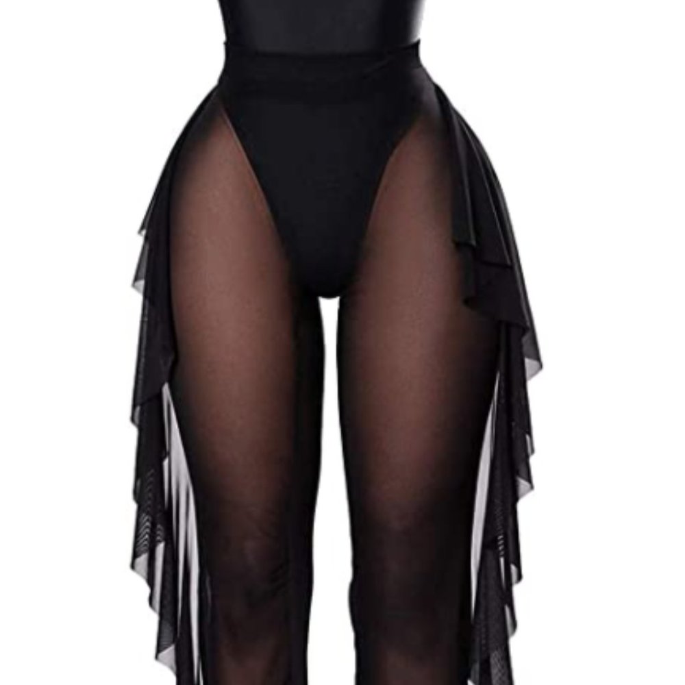 Sheer Mesh Ruffle Pants Swimsuit Bikini Bottom